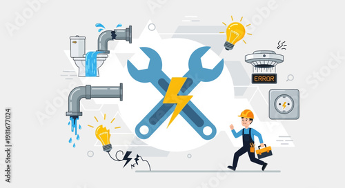 Plumbing and Electrical Repair Service Concept with Tools and Worker