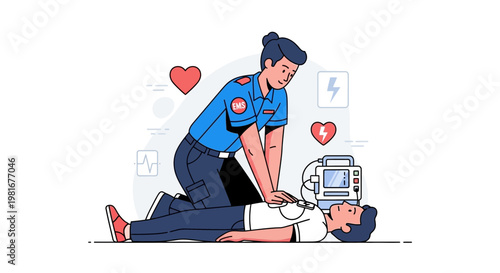 CPR training illustration: rescuer performing chest compressions on unconscious person with AED