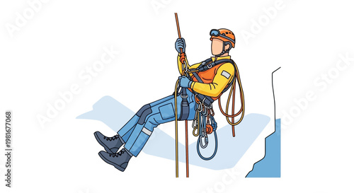 Rappelling rescuer in safety gear descending cliff face with rope and equipment