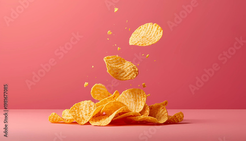 A pile of potato chips flying up against a pink background