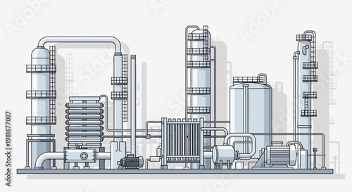 Industrial Chemical Plant Complex, Oil Refinery Equipment, Manufacturing Facility Illustration