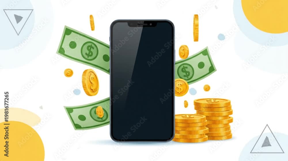 custom made wallpaper toronto digital2D Motion Graphic of a Smartphone with Animated Falling Dollar Bills and Stacks of Gold Coins Representing Mobile Banking