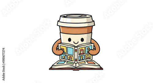 Cute cartoon coffee cup character reading a book with colorful illustrations