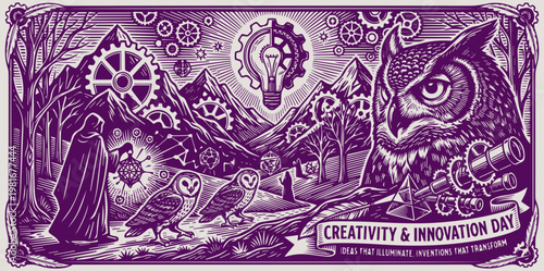 World Creativity and Innovation Day Vintage Engraving Banner with Owl and Gears