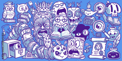 Creative Library Doodle Illustration - Fantasy and Storytelling Concept Background