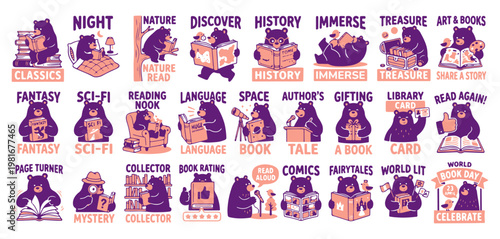 Cute Bear international book days Icon Set: Book Genres, Literacy, and Library Themes Vector Collection