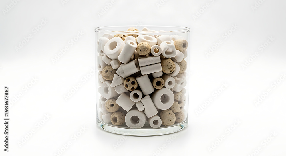 Fototapeta premium Close up shot of ceramic rings and cylinders in a clear glass jar on a white background