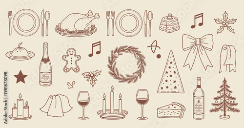 Hand-drawn christmas and holiday feast collection, festive dinner and celebration