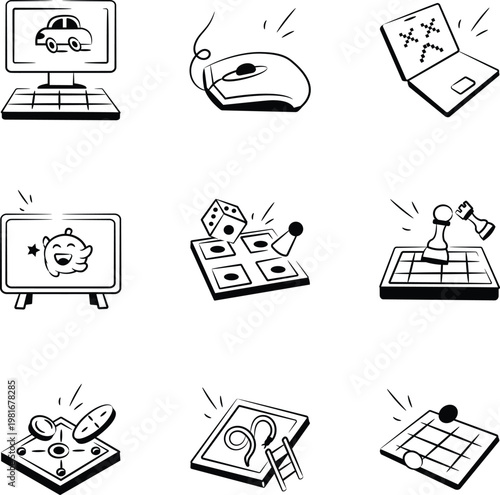 Set of Doodle Style Gaming and Entertainment Icons 