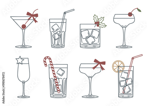 Collection of eight stylized christmas holiday cocktails and drinks with festive garnishes beverage