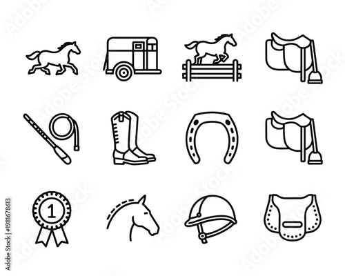Collection of equestrian and horse riding horse, trailer, jump, saddle, whip, boots, horseshoe, helmet, and ribbon