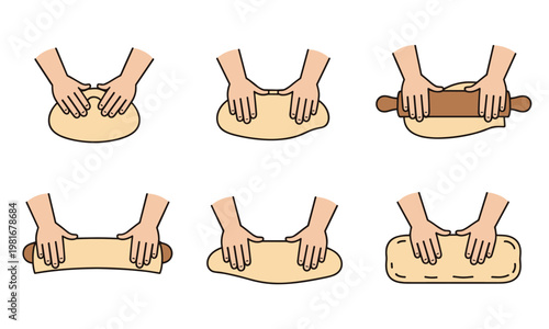 Six step of hands kneading and rolling dough rolling pin baking