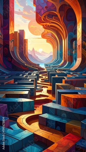 Abstract Maze with Vibrant Colors at Sunset in Surreal Landscape