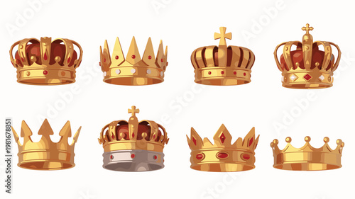 Collection of eight golden royal crowns with red and white jewel accents on a white background, king queen