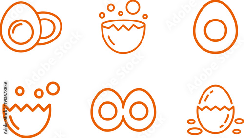 Collection of stylized orange line art icons representing various stages and forms of eggs, including whole eggs, halved eggs, cracked eggs with shells