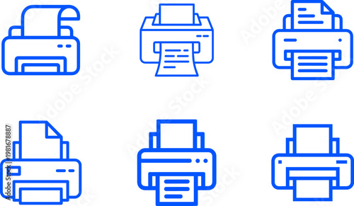 Collection of six blue line art icons representing printers, each with paper output and input, symbolizing printing, document creation, and office technology in a clean, modern design.