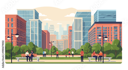 Urban park scene with diverse people enjoying leisure time amidst city skyscrapers and green trees.