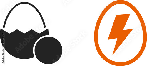 Conceptual icons representing energy and new beginnings, featuring a cracked egg with a yolk and an orange circle containing a lightning bolt symbol, symbolizing power, innovation