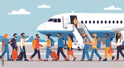 Diverse group of people boarding airplane at airport, travel concept, illustration