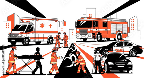 Emergency services responding to incident: ambulance, fire truck, police cars, paramedics, firefighters