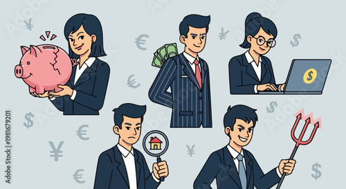 Business People Dealing with Money and Finance. Successful Characters with Cash, Piggy Bank and Laptop. Professional Investment and Financial Strategy Illustration.