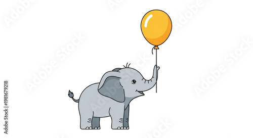 Cute cartoon elephant holding a yellow balloon, isolated on white background
