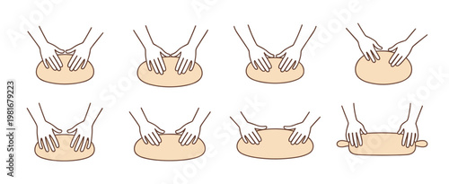 Set of showing hands kneading and rolling dough, step-by-step baking process rolling pin cooking