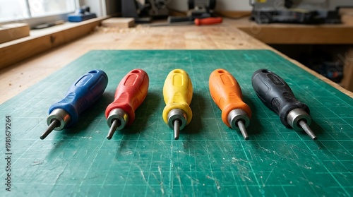 Assorted colored cordless screwdrivers displayed on green workbench surface in workshop setting