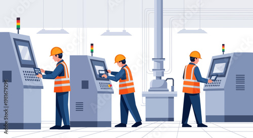 Factory workers operating machinery in a modern industrial plant, automation concept.