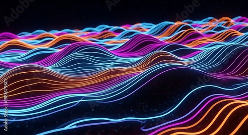 Abstract neon lines form undulating waves, glowing against a starry, dark background