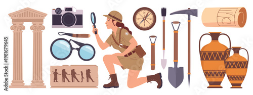 Archaeologist woman with tools and artifacts, ancient columns, camera, compass, and amphorae explorer