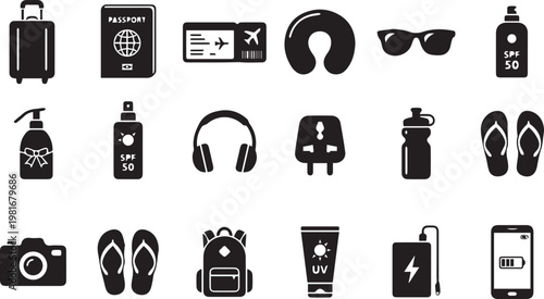 Travel Accessories and Summer Vacation Essentials Black Silhouette Icon Set