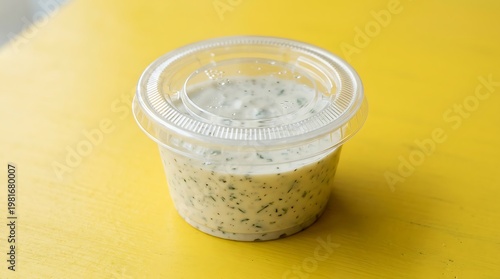Fresh homemade herb and cheese dip in clear plastic container with lid on yellow surface