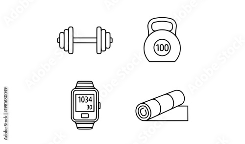 Minimal fitness outline icons with gym equipment and smartwatch in clean geometric line style