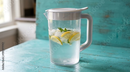 Freshly made lemon and mint infused water pitcher with ice cubes on a rustic wooden table