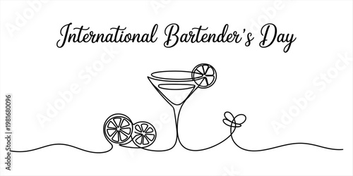 Minimalist continuous line art illustration celebrating the annual international bartender day Vector, illustration