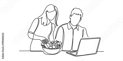 A continuous line drawing of a woman preparing a fresh salad while a man works on a laptop computer Vector, illustration