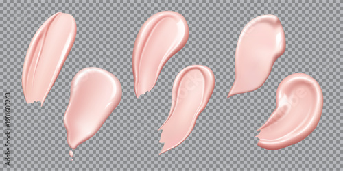 Realistic pink foundation cream and cosmetic swatch for skincare and makeup, vector smears set. Pink foundation cream swatch strokes with glossy texture for cosmetic concealer or skin foundation