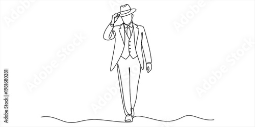 A single continuous line drawing of a sophisticated man wearing a formal suit and a fedora hat Vector, illustration