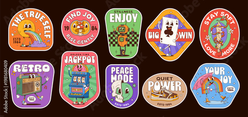 Funny hippie groovy label stickers, retro patches playful set. Vector vintage badges featuring joyful rainbow, robot, skull, radio and card characters with positive affirmation or motivational quotes