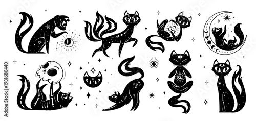 Magic mystic black cats, witchcraft mystical set with funny kitten animals, crescent moons, stars, third eyes and magical symbols. Vector cats embody occult, fantasy spiritual and celestial vibes