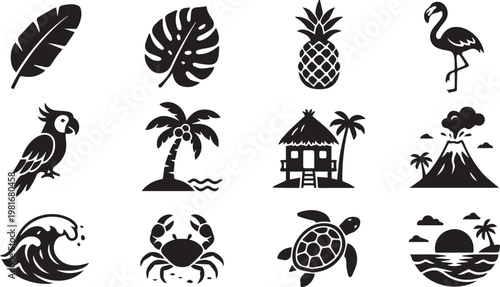 Tropical island summer beach nature and wildlife vector icon set