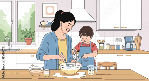 Joyful mother and her son bond over baking in a modern kitchen, learning valuable cooking skills together.