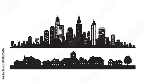 City skyline silhouettes, urban landscape icons, black cityscape vectors, modern town skylines