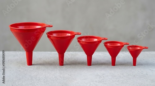 Set of red plastic funnels arranged by size on a light gray surface for measuring or pouring