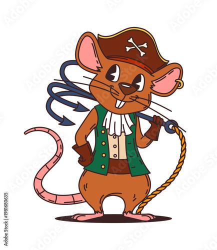 Hamster pirate or corsair cartoon animal character of ship crew, vector personage. Caribbean pirate funny hamster corsair in captain tricorne hat and boat grappling hook as seaman animal character