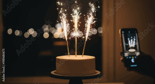 A simple white birthday cake adorned with three glowing sparkler candles being photographed by a smartphone in the evening.