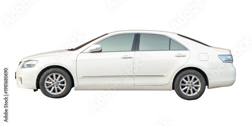 Left side view of white sports sedan car isolated on white background with clipping path