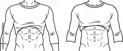 Line drawing of a muscular male torso compared to a less defined torso with weight loss six pack before and after line art well being exercise routine muscle definition abdominal muscles