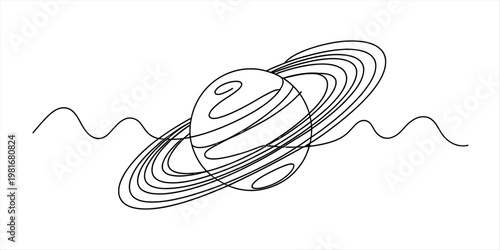 A minimalist black and white line art illustration of a planet with rings and a wavy horizon line Vector, illustration